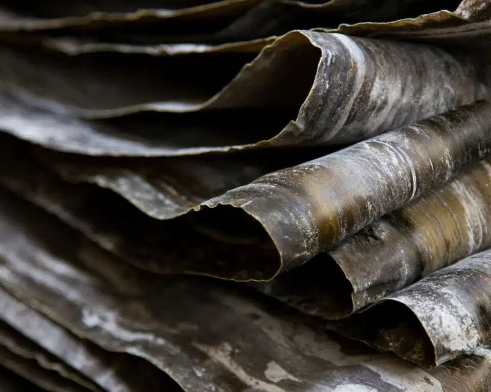 Several sheets of dried kombu are folded up and stacked.