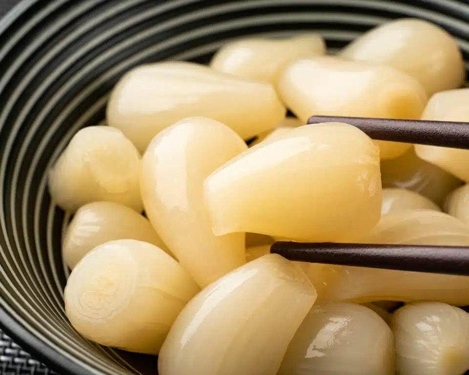 Chopsticks hold a rakkyo onion hovering over more of them in a bowl.