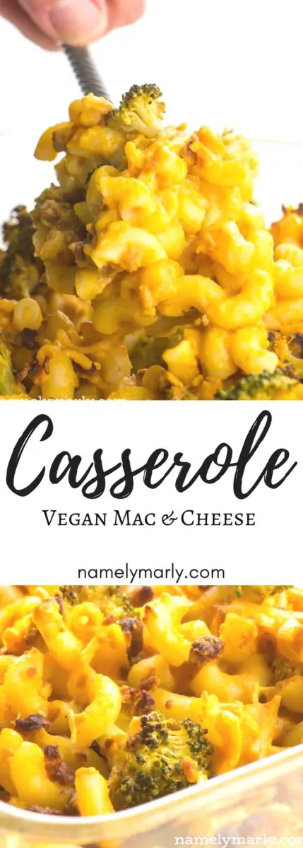 A collage of photos showing a hand holding a spoonful of mac and cheese on the top and a closeup of the mac and cheese at the bottom. The text in-between reads: Vegan Mac and Cheese Casserole.